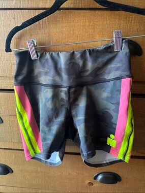 Iron Man Women’s Swim Shorts — Gray Camo with Pink & Neon Green Panels